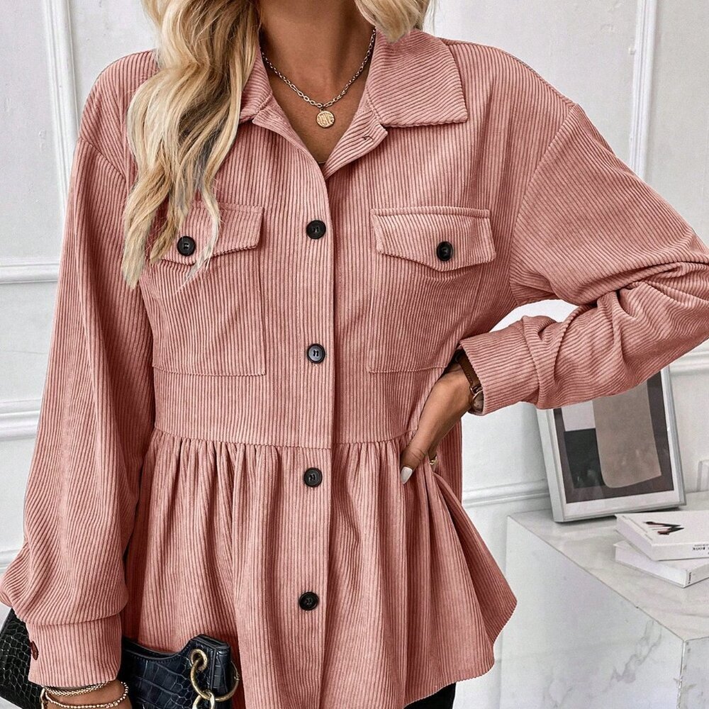 Baby Pink Casual Women's Front Button Ruffled Hem Jacket - Picture 4 of 7